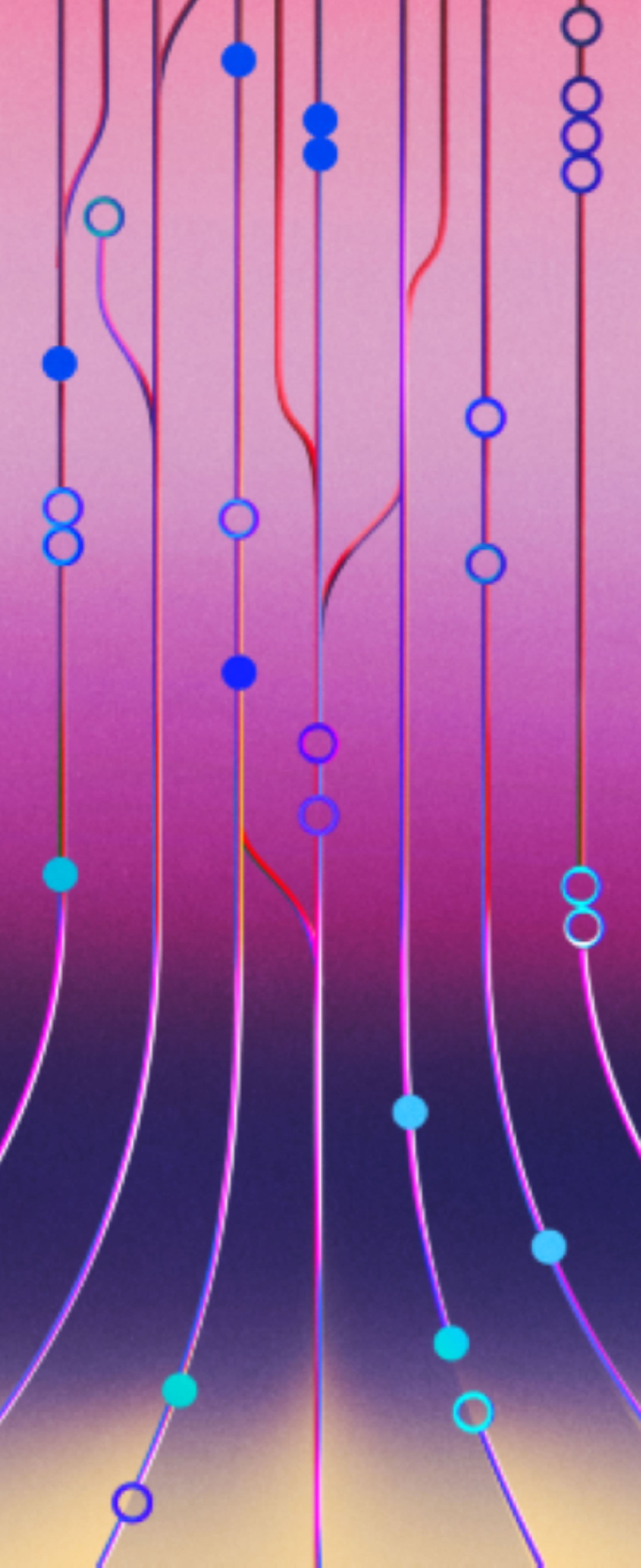 Abstract design with colorful vertical lines and circles on a gradient background transitioning from pink to dark purple and yellow.
