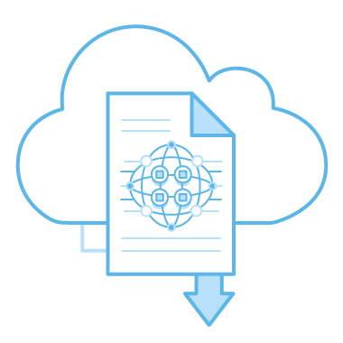 Illustration of a document with a network diagram, placed in front of a cloud icon, with a downward arrow indicating download.