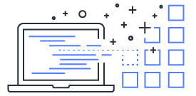 Illustration of a laptop with code on the screen, connected to a grid of blue squares, symbolizing data processing or digital organization.