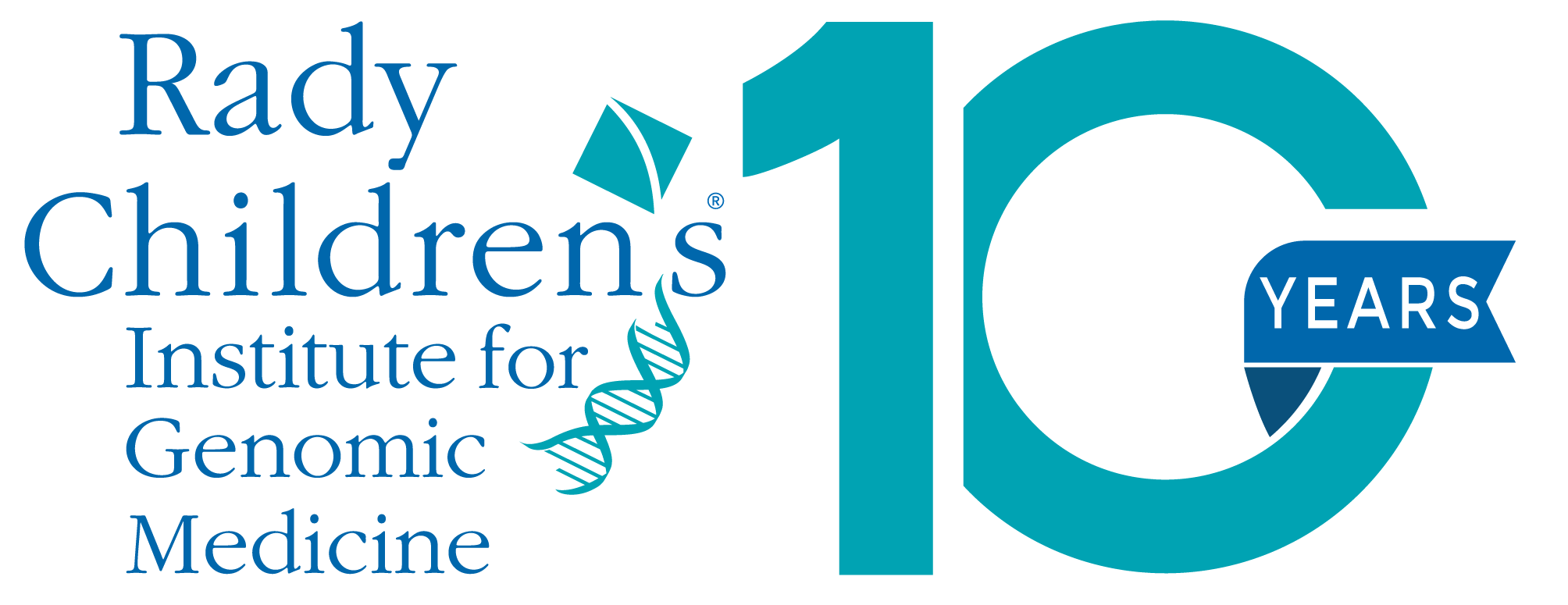 Logo for Rady Children's Institute for Genomic Medicine celebrating 10 years, featuring a DNA strand and a kite.