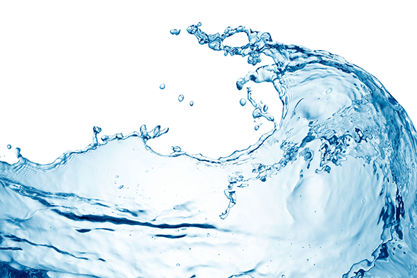 A dynamic splash of clear blue water captured against a white background, showing the movement and energy of the liquid.