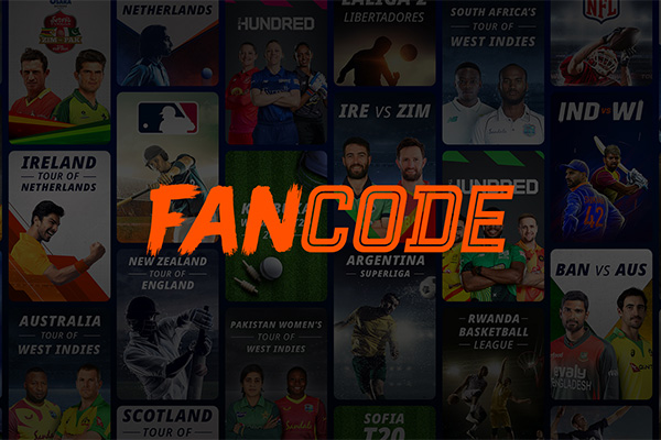Collage image showcasing various sports events and leagues available on FanCode, with the FanCode logo prominently displayed in the center.