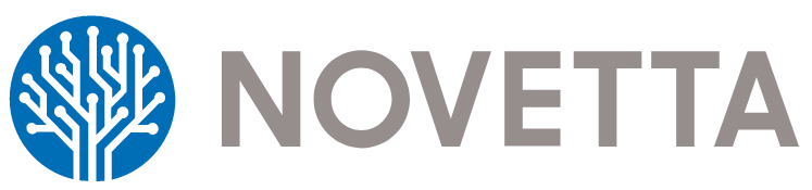 Novetta company logo featuring a stylized white circuit tree inside a blue circle, alongside the word 'NOVETTA' in gray text.