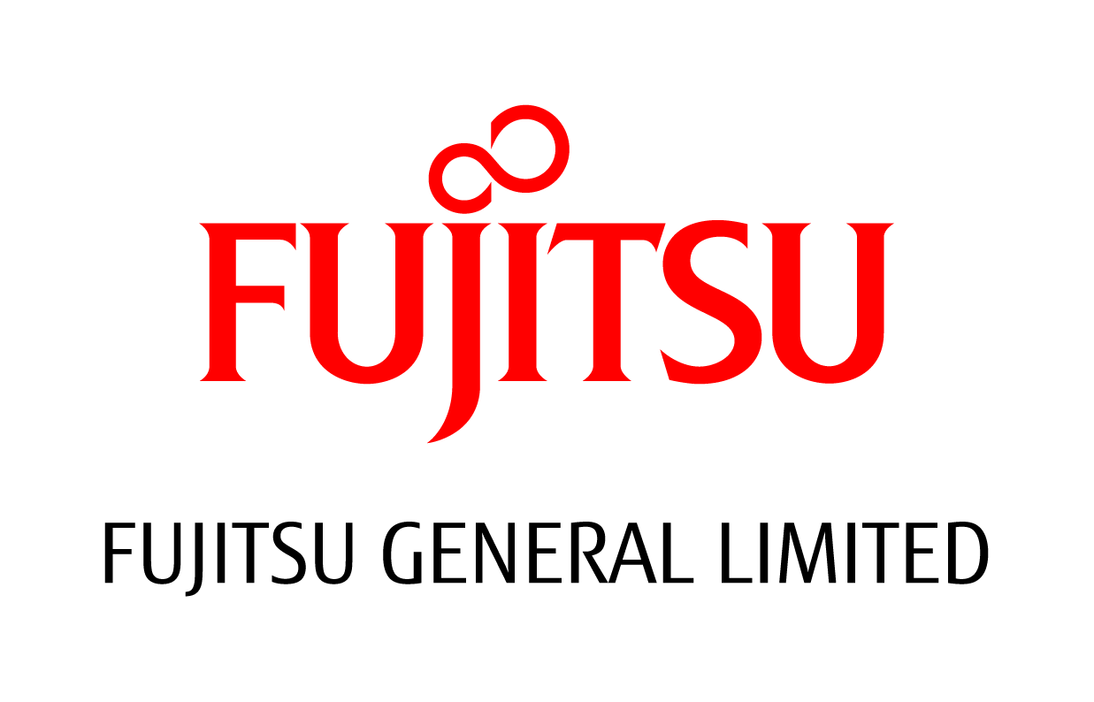 Fujitsu logo in red text with a unique infinity symbol above the letter 'j', on a transparent background.