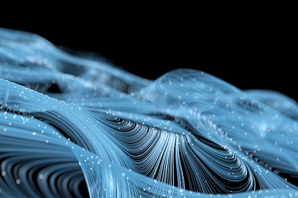 An abstract digital illustration showing flowing blue lines and data points, resembling streams or waves, set against a black background. Represents data movement, connectivity, or networking concepts.