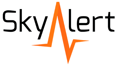 SkyAlert logo featuring the black word 'SkyAlert' with an orange stylized 'A' representing a seismic wave.