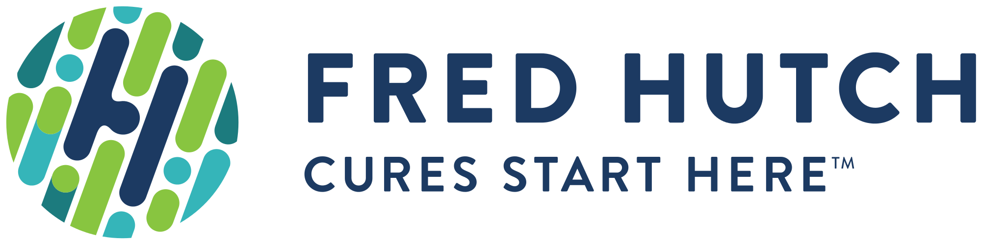 Logo for Fred Hutch with tagline 'Cures Start Here', featuring stylized circular icon and blue text.
