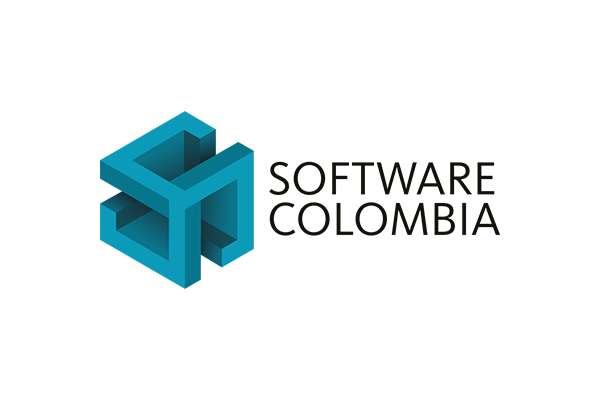 Logo for Software Colombia, featuring a geometric, three-dimensional design in shades of teal.