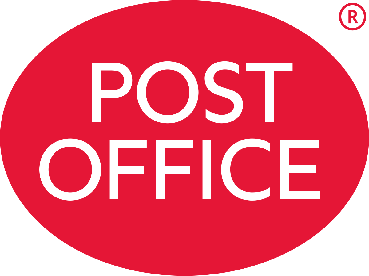 The logo of the UK Post Office, featuring the words 'POST OFFICE' in white letters inside a red oval shape.