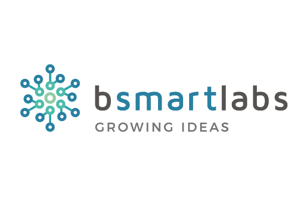Logo for bsmartlabs with the tagline 'Growing Ideas', featuring a graphic element resembling a network or connected nodes.
