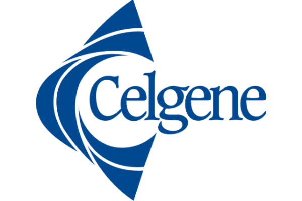 Celgene company logo in blue with stylized graphic and text on a white background.