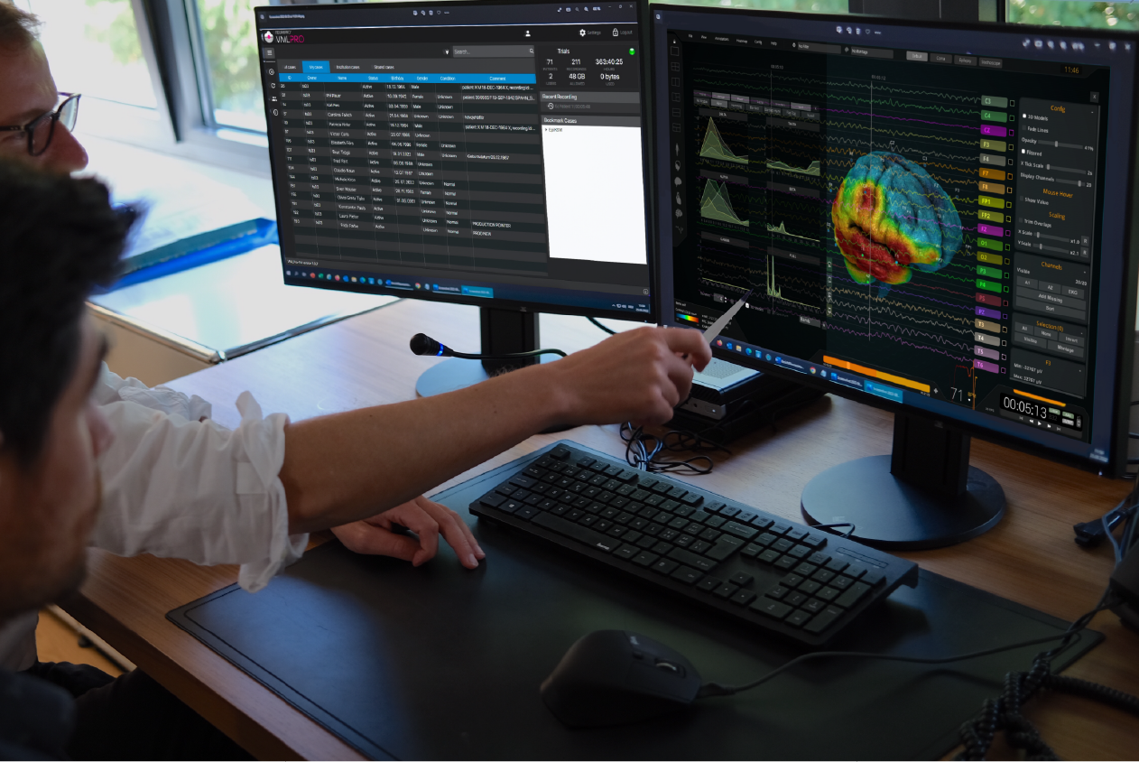 Two people analyzing brain data on dual computer monitors. The screens display NeuroPro software with one monitor showing a data table and the other displaying a brain scan with multichannel signal analysis and graphs.