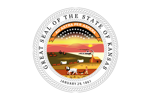 The Great Seal of the State of Kansas with a transparent background, displaying agricultural scenes, a steamboat, stars, mountains, and the motto 'Ad Astra Per Aspera', along with the date January 29, 1861.