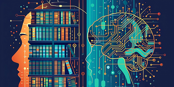 Illustration of a human profile split into two halves: one side filled with books symbolizing knowledge, and the other side depicting a digital brain with circuits representing technology and artificial intelligence.