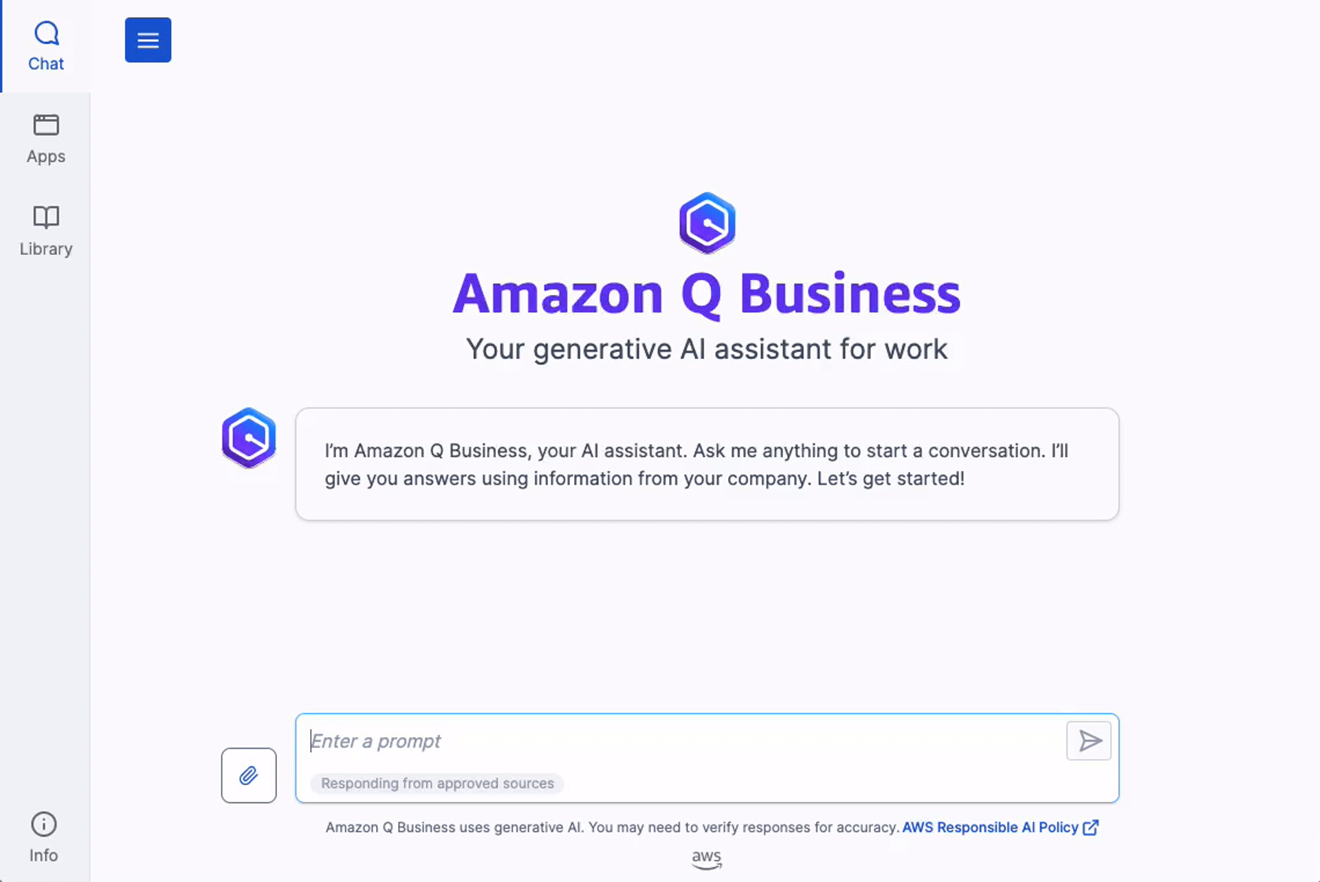 Screenshot of the Amazon Q Business no-code app interface showing a generative AI assistant chat window designed for workplace use.