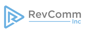 RevComm company logo featuring a blue play button symbol and the text 'RevComm Inc'.
