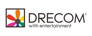 Drecom company logo featuring a colorful flower illustration and the tagline 'with entertainment'.