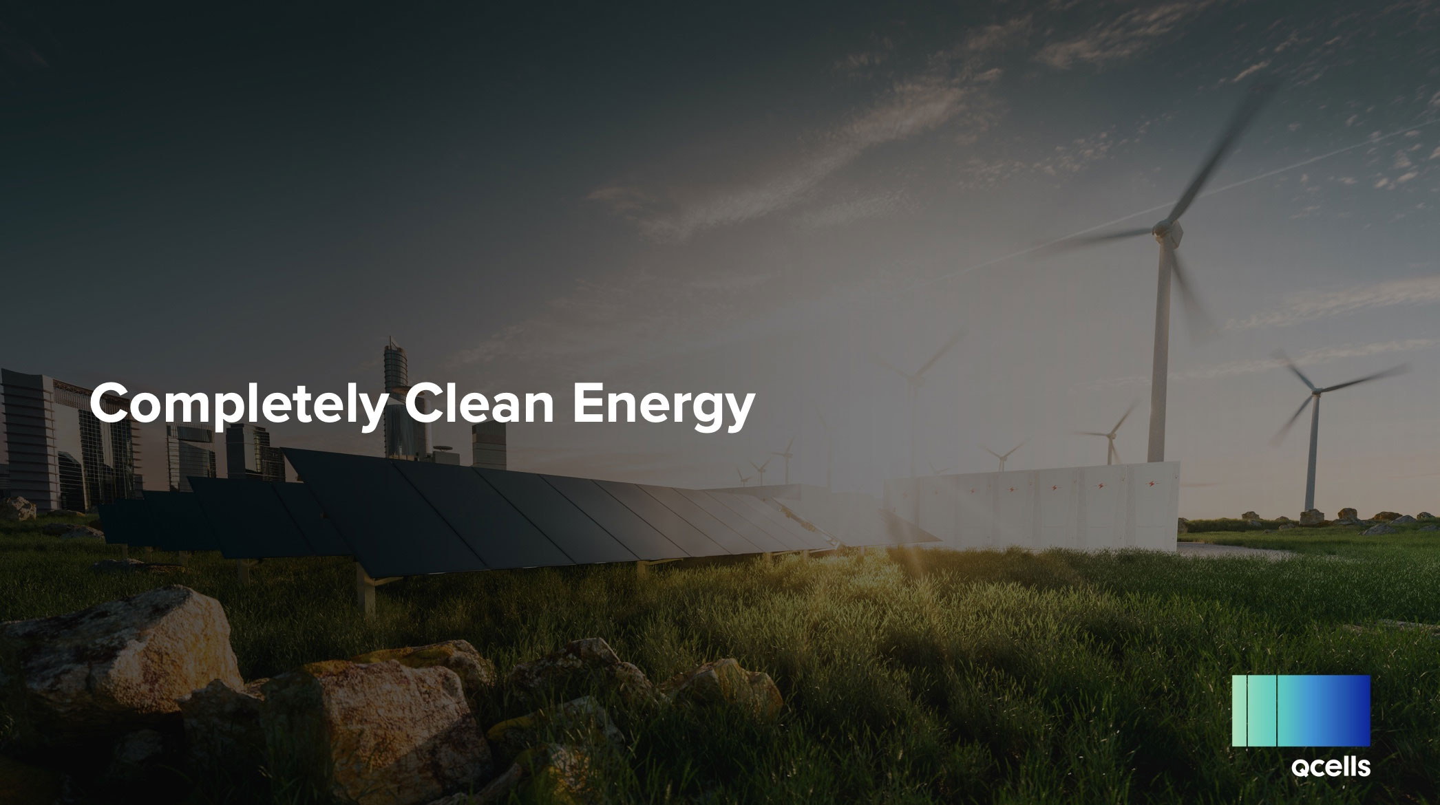 Solar panels and wind turbines in a grassy field with a city skyline in the background, overlaid with the text "Completely Clean Energy" and the Qcells logo.