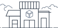 Illustration of a stylized building with a cube symbol above the entrance, representing a marketplace or storefront, with clouds in the background.