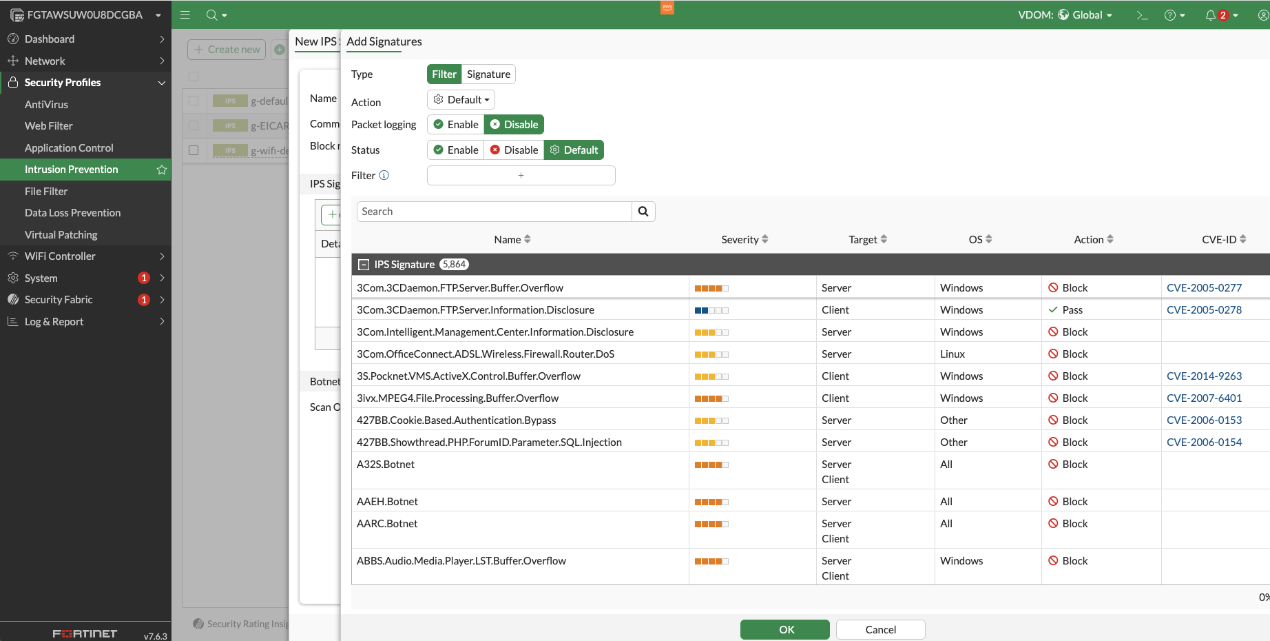Screenshot of the Fortinet security interface showing the Intrusion Prevention System (IPS) signatures configuration. The image displays options for adding, filtering, enabling, and disabling IPS signature rules, with a list of threat signatures, their severity, target OS, action, and CVE references.