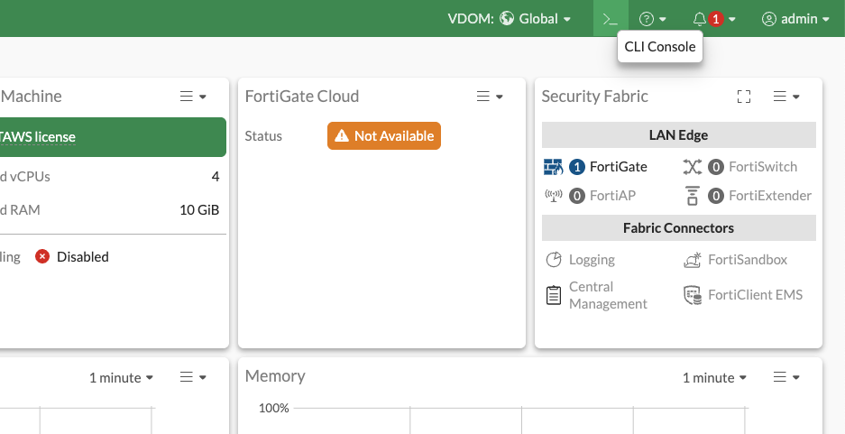 Screenshot of the Fortinet Security Fabric dashboard, displaying virtual machine details, FortiGate Cloud status as not available, and the CLI Console option highlighted in a web interface.