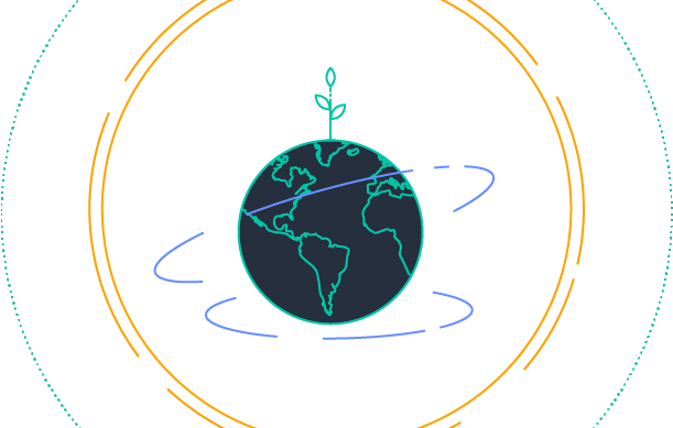 Illustration of Earth with a sprouting plant on top, surrounded by circular lines symbolizing growth and sustainability.